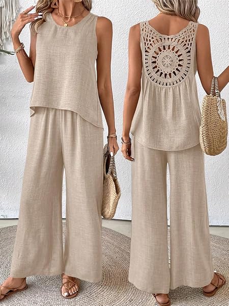 Conjunto de 2 piezas para mujer, camiseta sin mangas y pantalones de pierna ancha, pantalones palazzo de cintura alta - 1