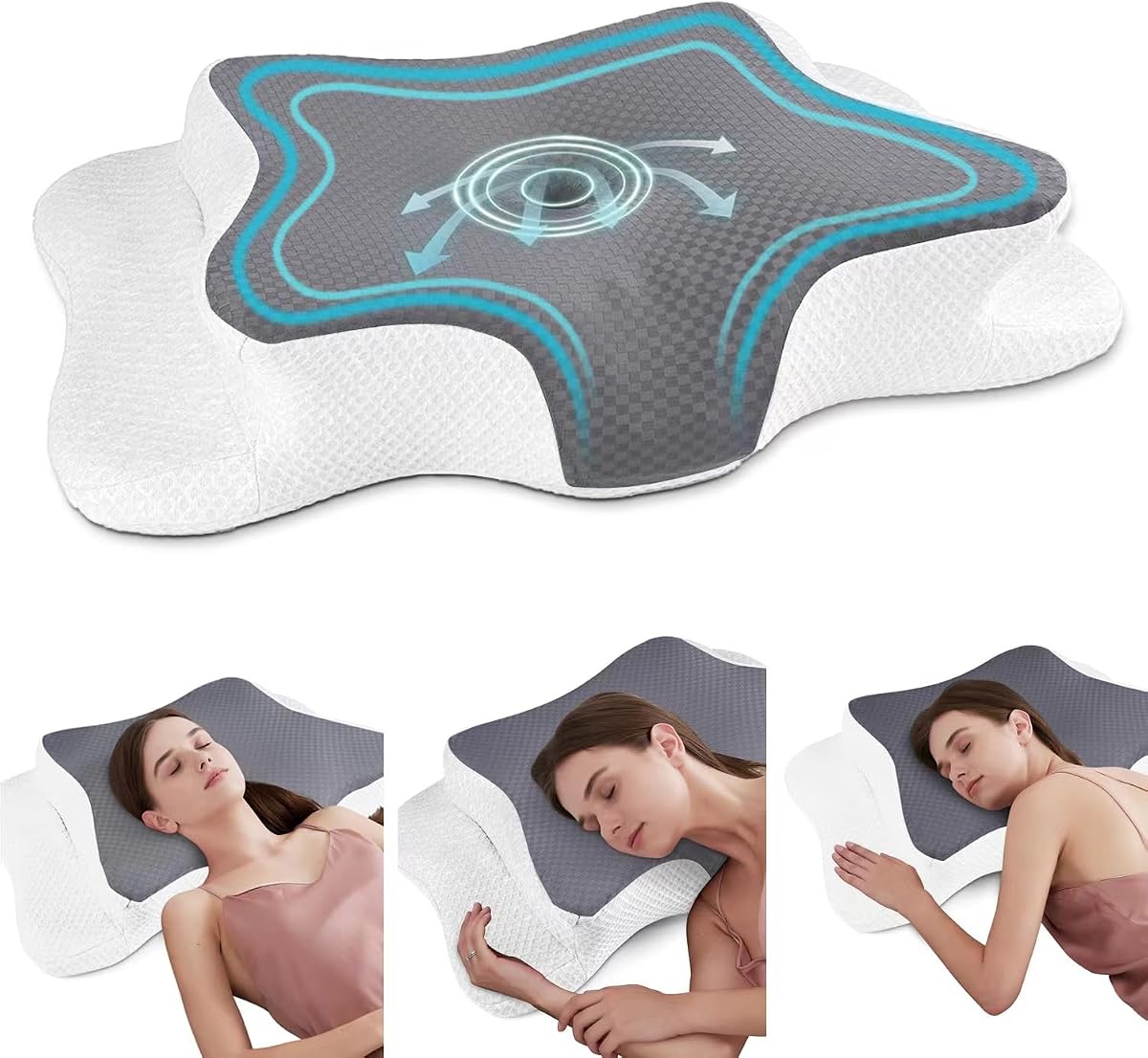 Almohada cervical para aliviar el dolor al dormir, almohadas de espuma viscoelástica | Almohadas ergonómicas para dormir de lado, almohada ortopédica refrescante para el cuello para personas que duermen boca abajo, tamaño Queen, gris y blanco
