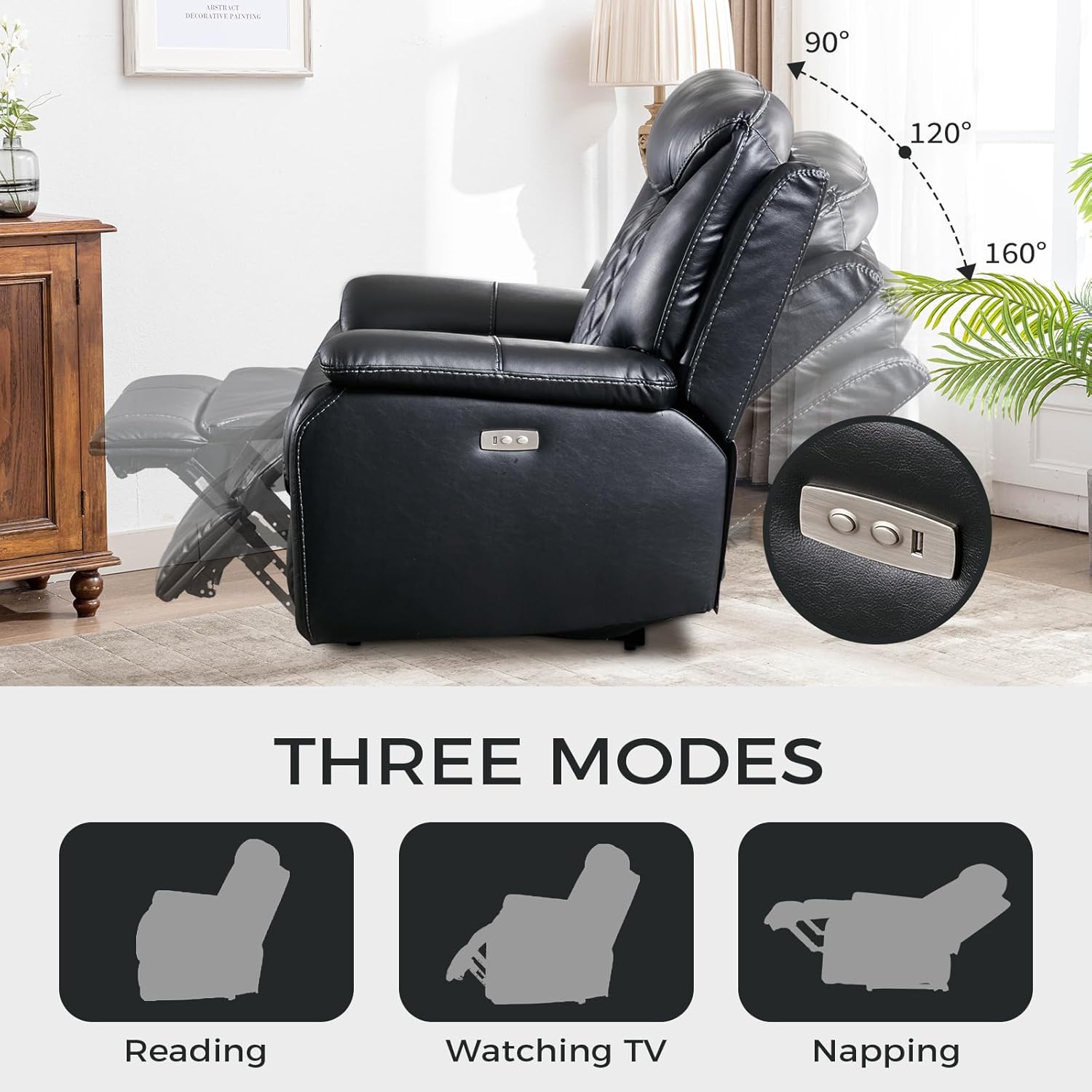 HAOMARKETS Electric Recliner Chair, Soft PU Leather Power Recliners with Padded Backrest, Single Overstuffed Heavy Duty Reclining Sofa for Living Room Bedroom, Black