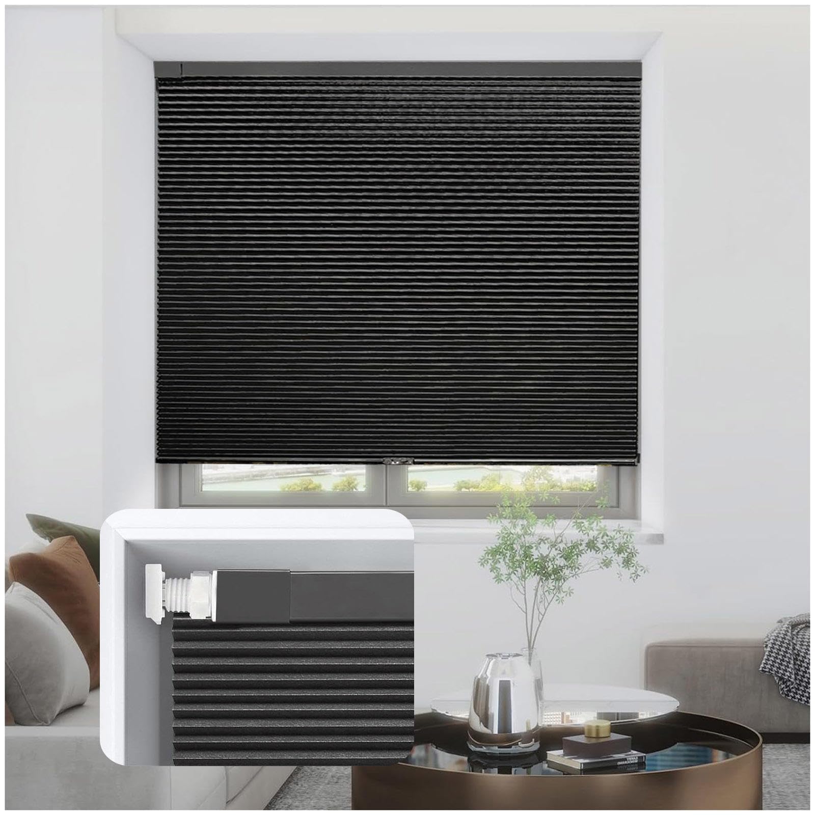 Store nid d'abeille noir occultant 80x150cm pour fenêtres sans perçage ni vis