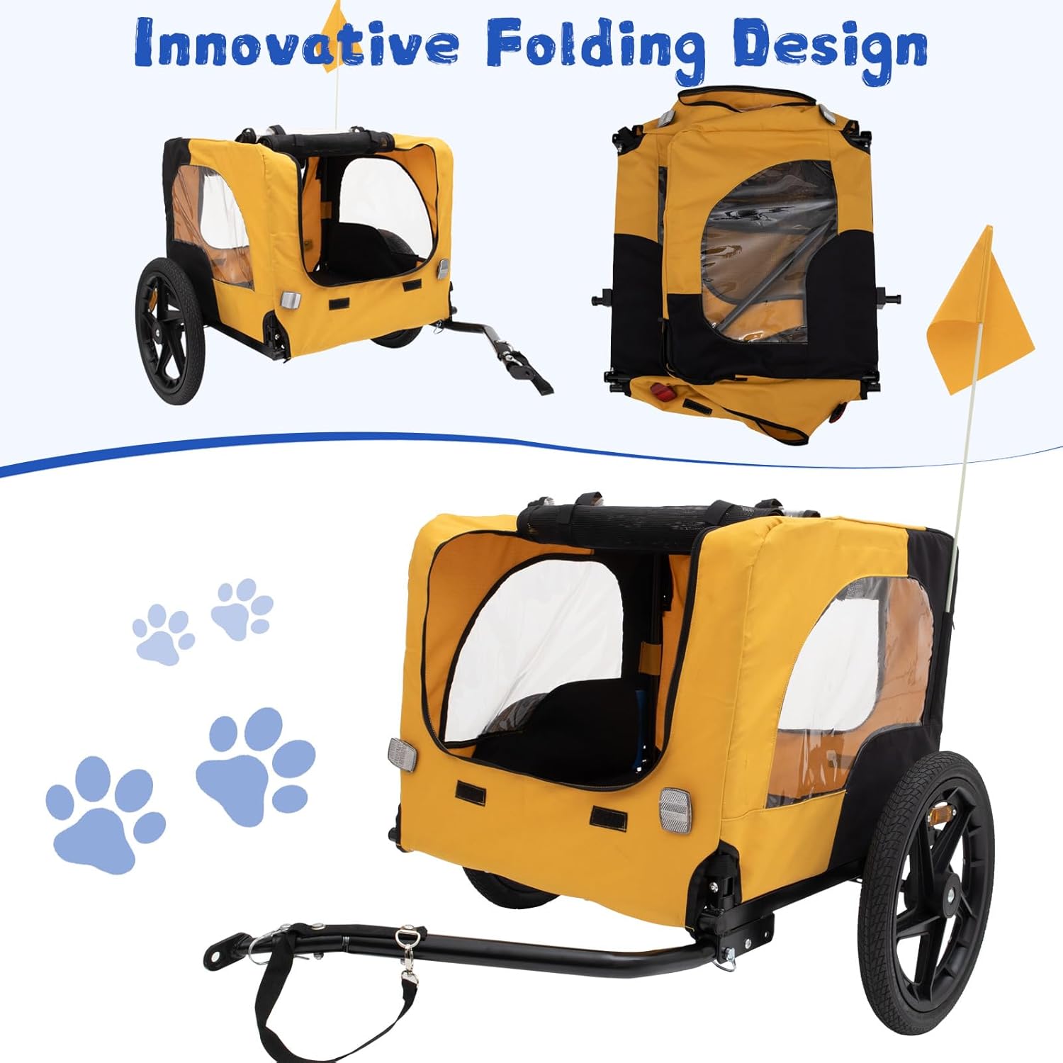 31.5” Dog Bike Trailer with Wheels, Folding Dog Bike Trailer Carrier for Small and Medium Dogs, Non-Slip Floor, Internal Leash, Safety Reflectors & Universal Bicycle Coupler