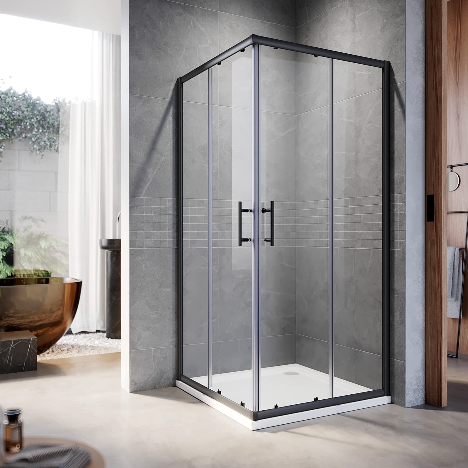 ELEGANT 800 x 800 mm Black Sliding Corner Entry Shower Enclosure 6mm Extra Toughened Safety Glass Sliding Cubicle Door