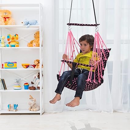 Windson Craft Cotton Baby Swing for Kids jhula 1-5 Years Swings Cradle Chair uyyala New Born Baby Gifts Foldable and Washable with Safety Belt, Home & Garden (Pink DOTT)