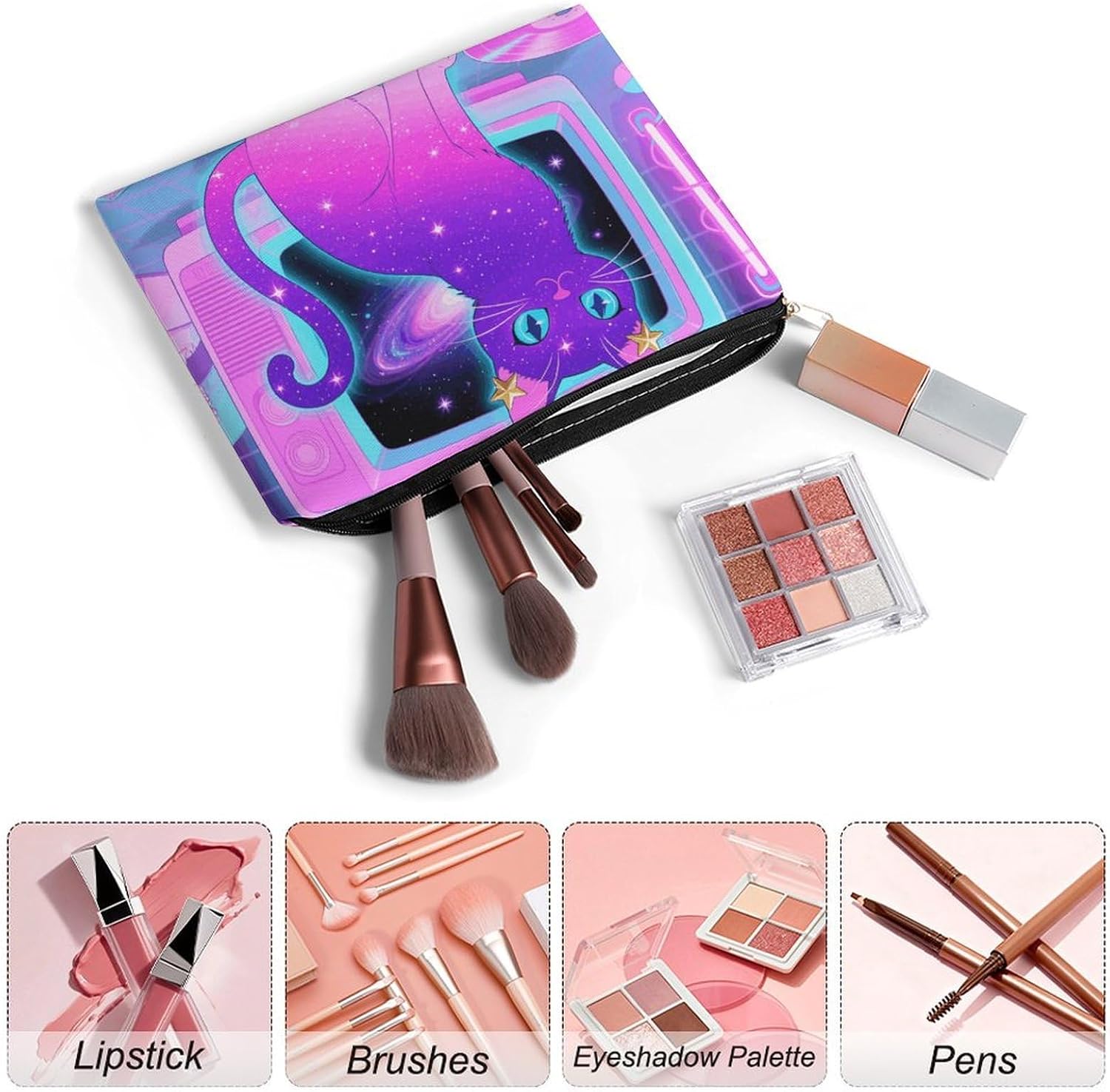 Funny Galaxy Cat Portable Compact Storage Bag, Lightweight Stylish Cosmetic Bag, Multifunctional Soft Pouch with Zipper, Designed for Beach, Travel And Daily Use image 3