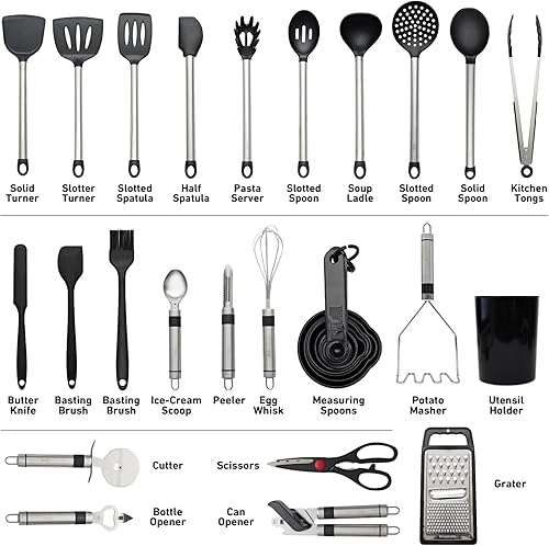 Miniatura 2 de Juego de 33 utensilios de cocina de silicona para cocinar con asas inoxidables, resistentes al calor, de grado alimenticio, sin BPA, juego de