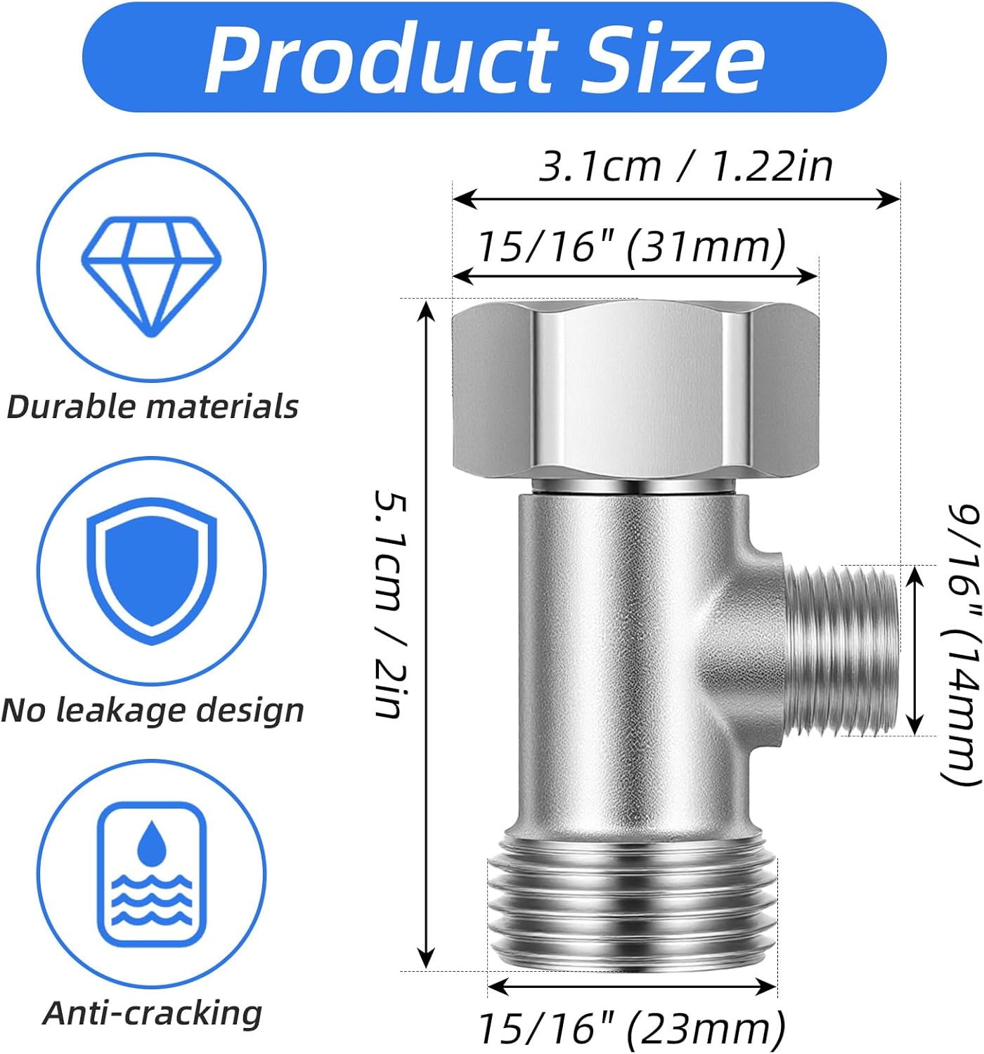 3 Way Bidet T Adapter - 7/8x7/8x3/8 Inch T Valve for Bidet with Gasket - Bidets Adapter for Toilet RV Home Toilet Diverter Hose Fitting
