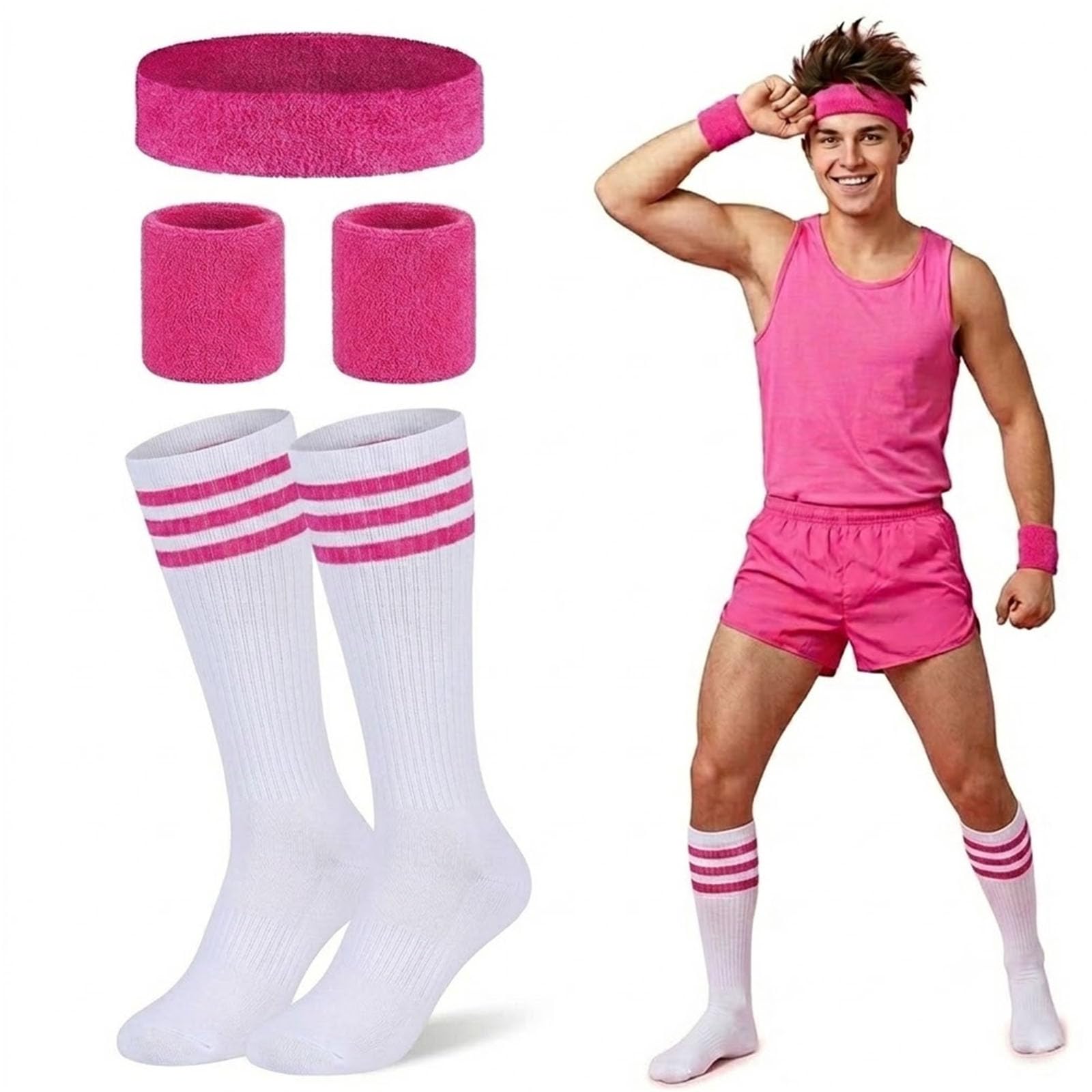AffeGifts 80s 90s Fancy Dress for Men and Women, Neon Headband Wristbands and Socks Set Neon 80s 90s Themed Party Outfits Retro Workout Costume for Teens & Adults (Pink)