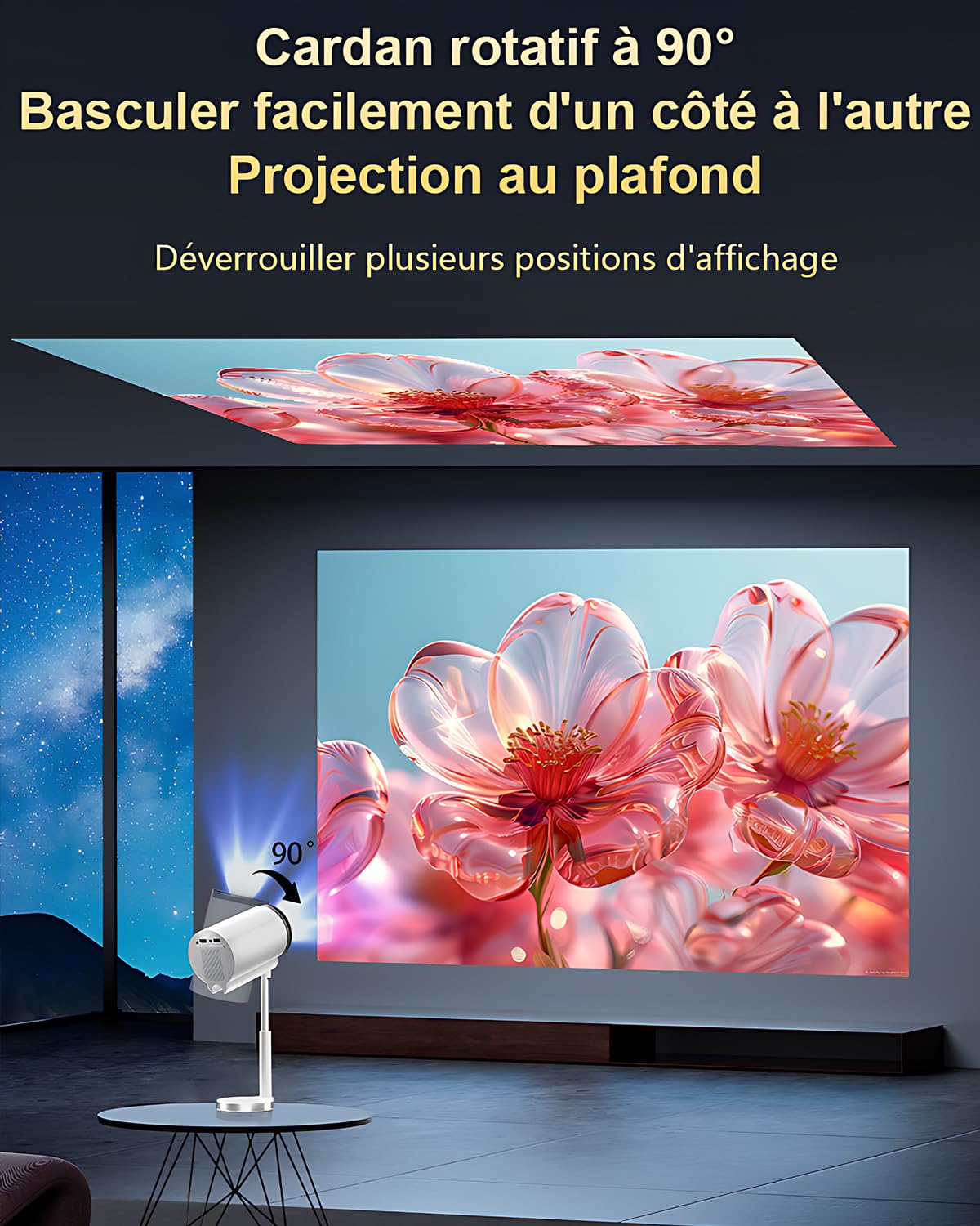 Vidéoprojecteur avec WiFi 6 et Bluetooth 5.4 Mini Projecteur Supporte 4K 1080P Rotation 90° Compatibile avec HDMI/USB/Laptop, Blanc, Trapézoïdale Horizontale Auto Correction