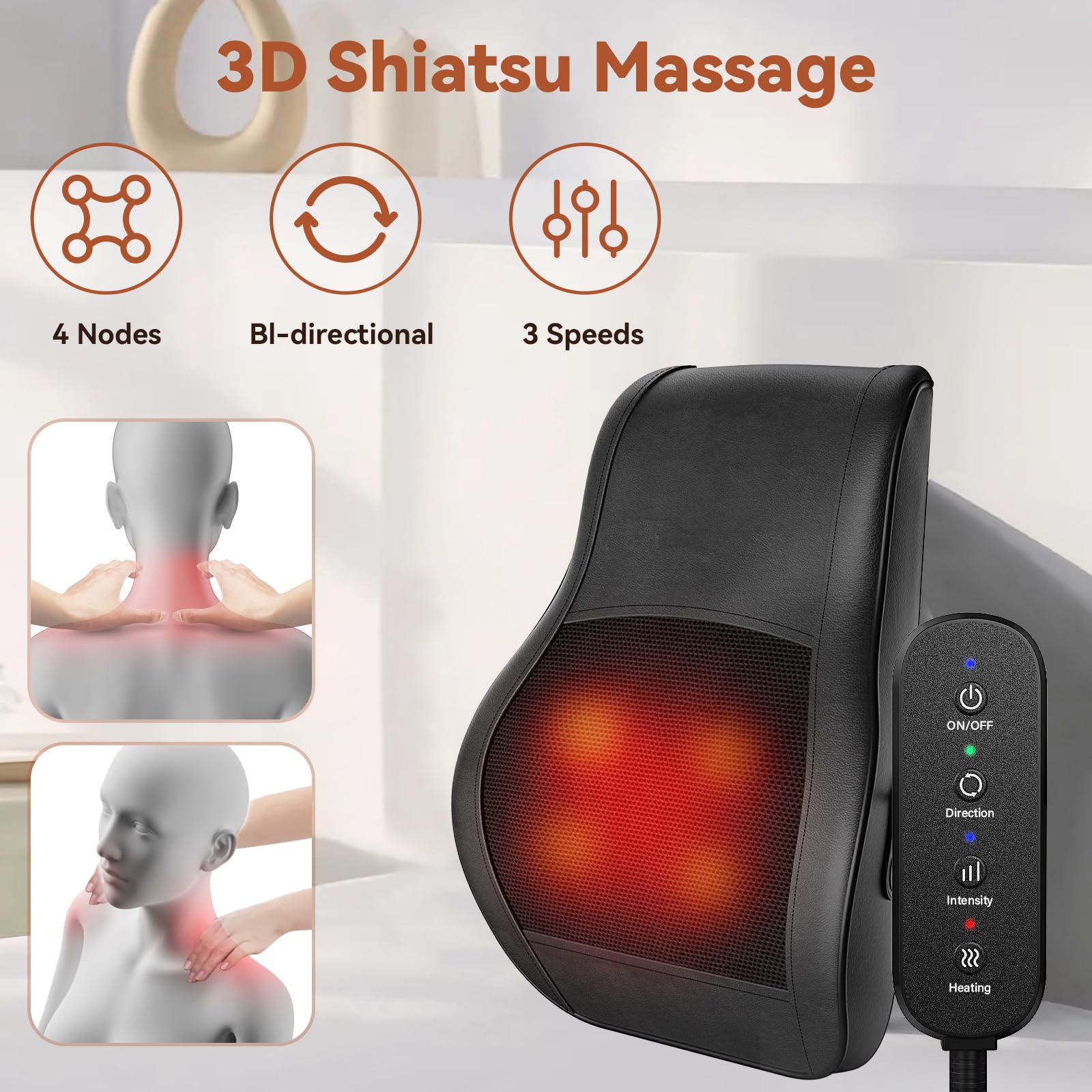 Rückenmassagegerät mit Wärme, Shiatsu Rücken Nacken Massagegerät zur Schmerzlinderung, 3D Kneten Massagekissen für Büro Heimgebrauch, Geschenke für Frauen Männer