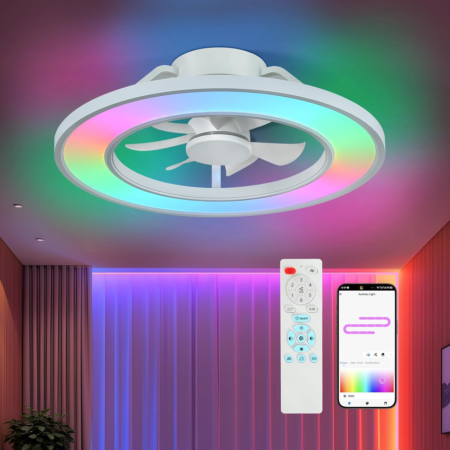 20'' RGB Ceiling Fans with Lights and Remote, Low Profile Ceiling Fans, 3000-6000K Dimmable Modern Flush Mount LED Fan Light, Bladeless Fandelier Ceiling Fan for Bedroom, Living Room, White