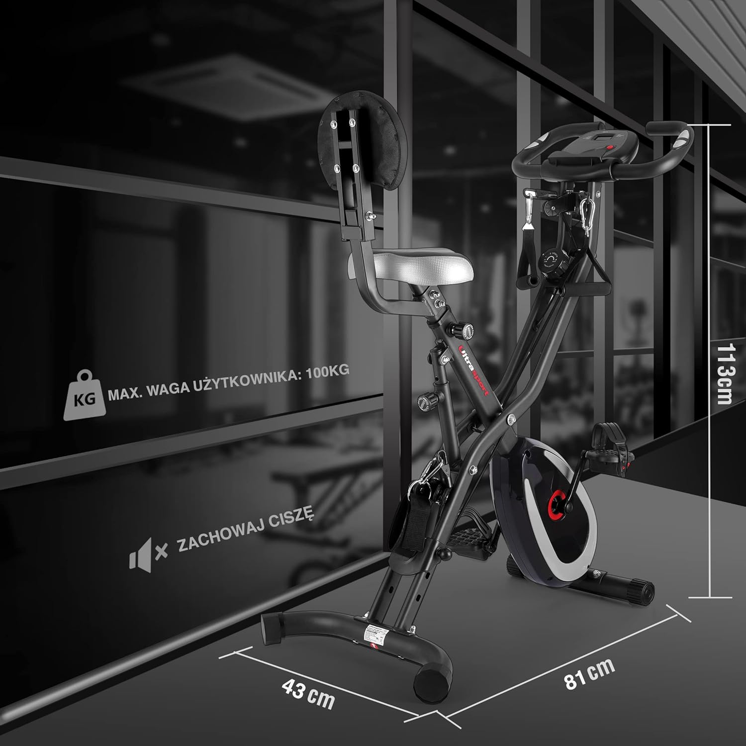 Ultrasport F-Bike 400BS assembled with dimensions: 81 cm length, 43 cm width, 113 cm height, and max user weight 100kg