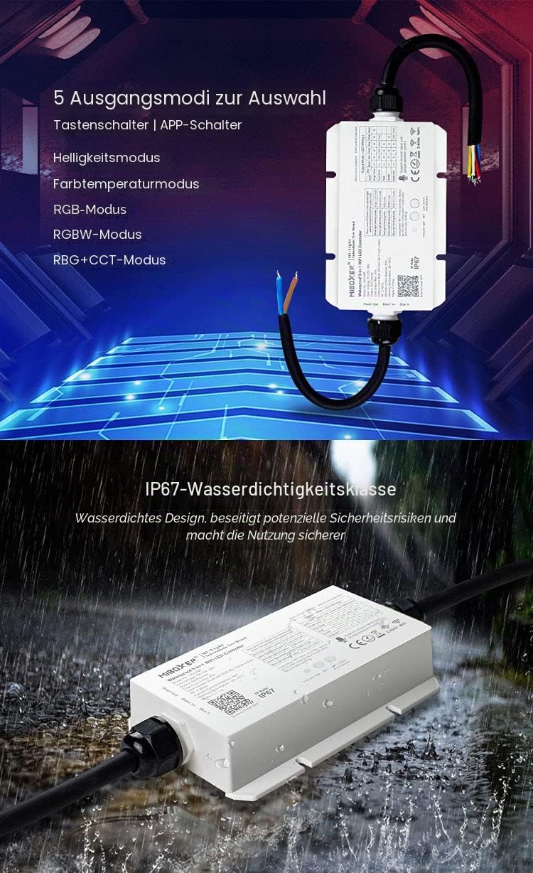 LIGHTEU®, Milight Miboxer wasserdichter 5in1 WiFi LED Strip Controller, Amazon Alexa und Google Home Sprachsteuerung Fernbedienung und APP Steuerung Kompatibel mit 5 verschiedenen Ausgabemodi WL5-WP