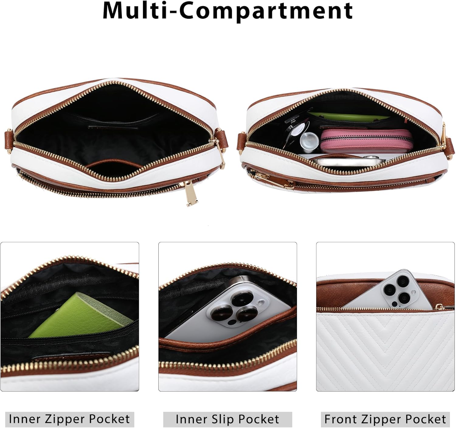 Crossbody Bags for Women Triple Zip Vegan Leather Camera Purses Small Shoulder Handbags with Wide Strap