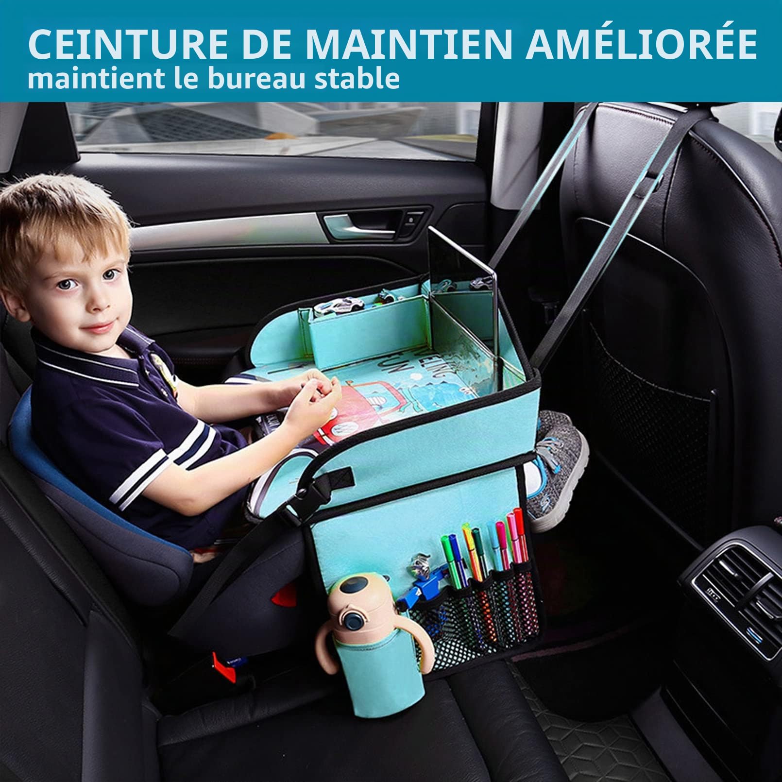 Plateau de siège de voiture pour enfants, plateau de voyage pour tout-petits, avion, plateau de voiture pour enfants essentiels de voyage sur la route (bleu clair)
