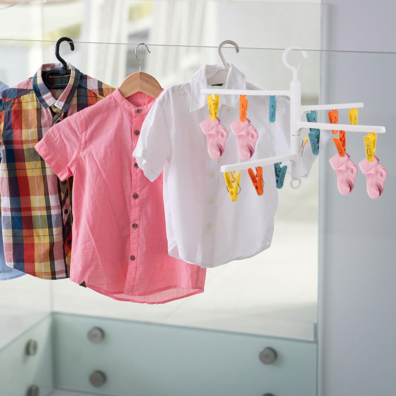 PRETYZOOM PP Rotatable Clothes Drying Rack with Windproof Sock Clip
