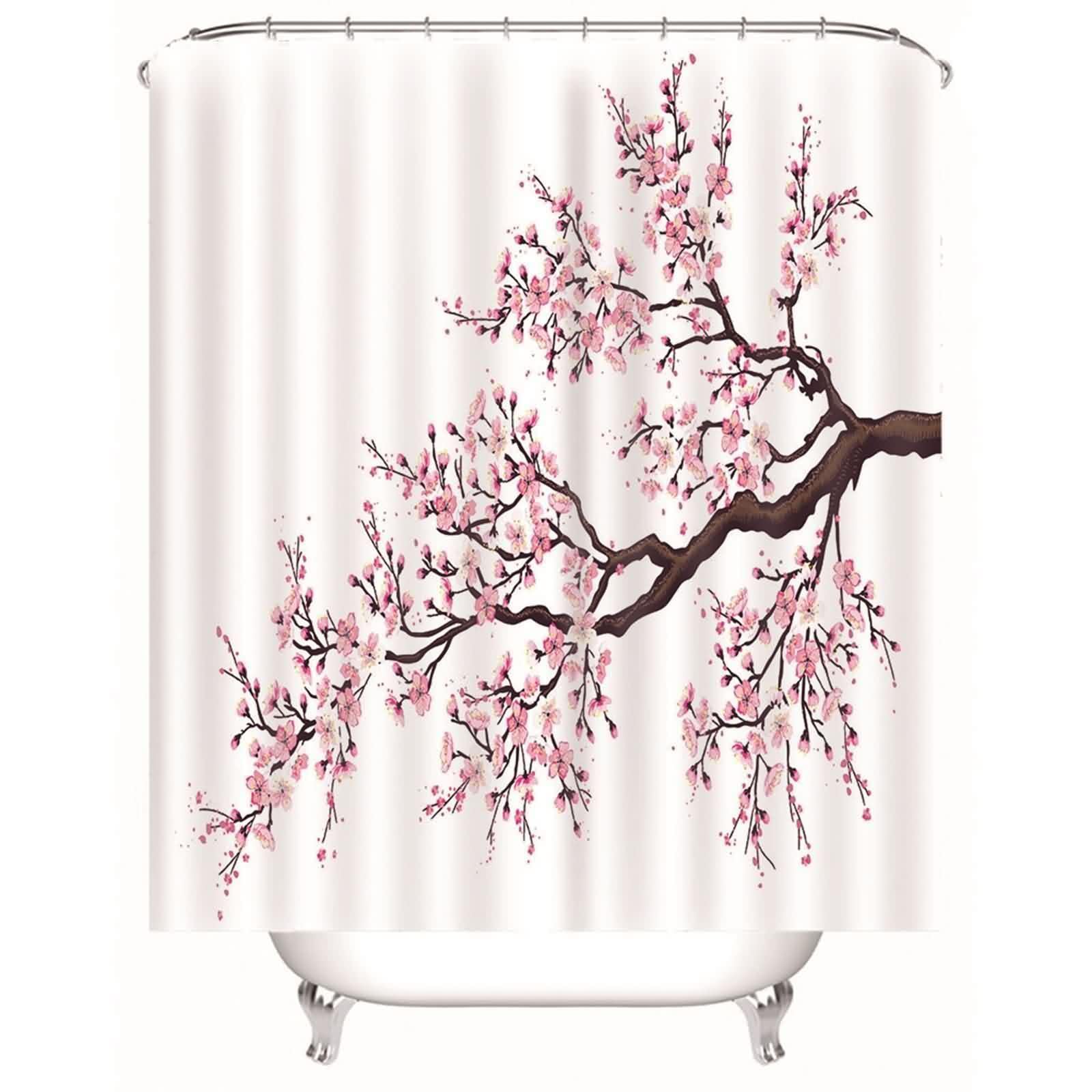 Rideau de douche en textile rose, motif fleur de pêcher, rideau de salle de bain, tissu polyester, résistant à la moisissure, lavable, avec anneaux de rideau de douche