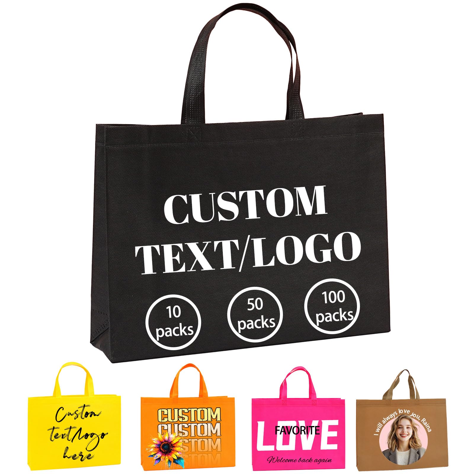custyoulife Bulk Custom Tote Bags (10/50/100 Pack) – Personalized Reusable Shopping Bags with Logo/Text/Image, Multiple Colors/Black/White Non-Woven Grocery Bags for Business, Events, Giveaways