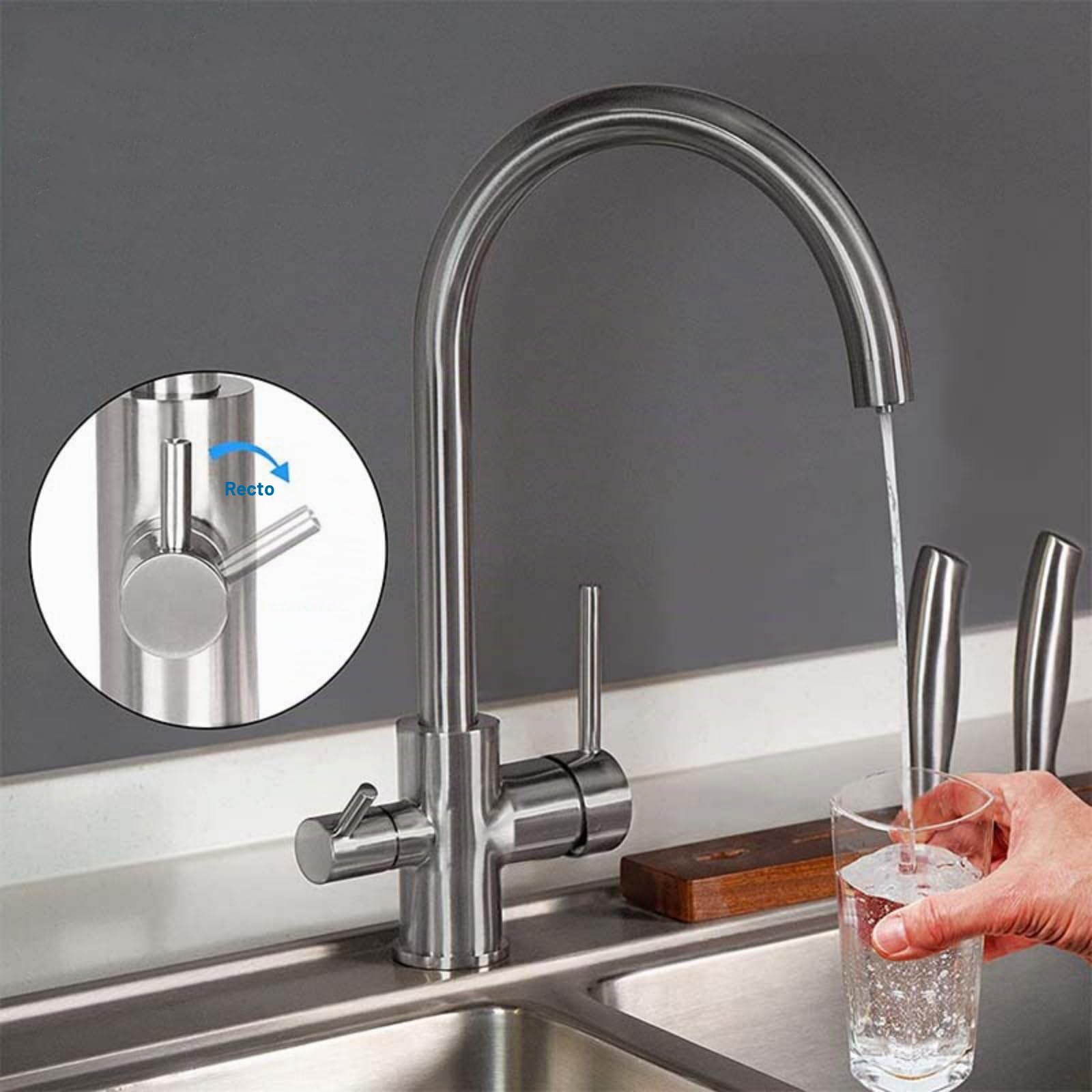 Grifo Osmosis 3 Vias Oro Cepillado Grifo de Cocina Fregadero Osmosis con Palanca Doble Mezclador Grifo de Cocina para Agua Potable