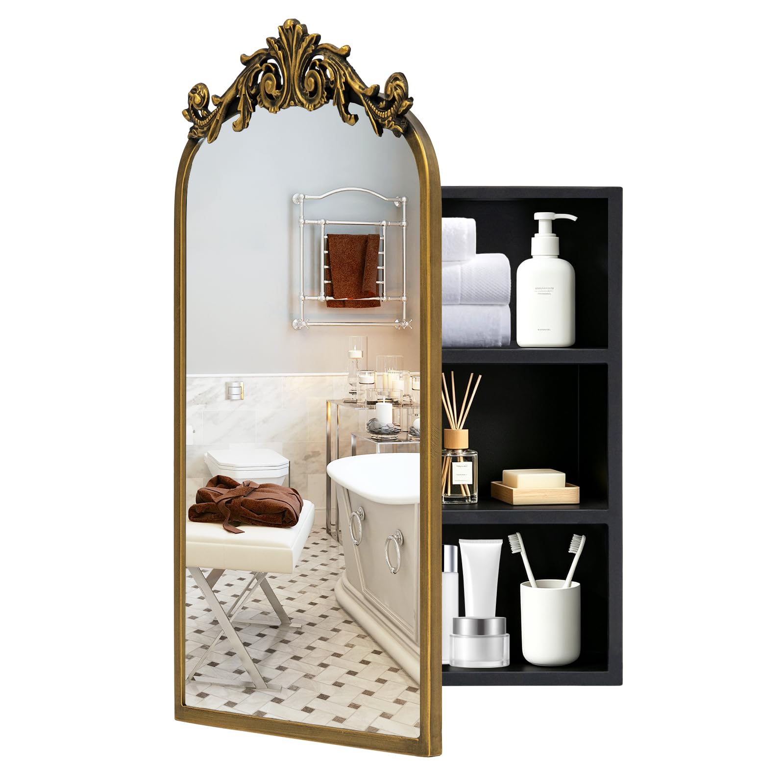 40x60cm Badezimmer Spiegelschrank mit großem Spiegel & Stauraum (38x43x10cm) - Spiegelschrank für Bad mit Resin-Blumen, Antik Gold