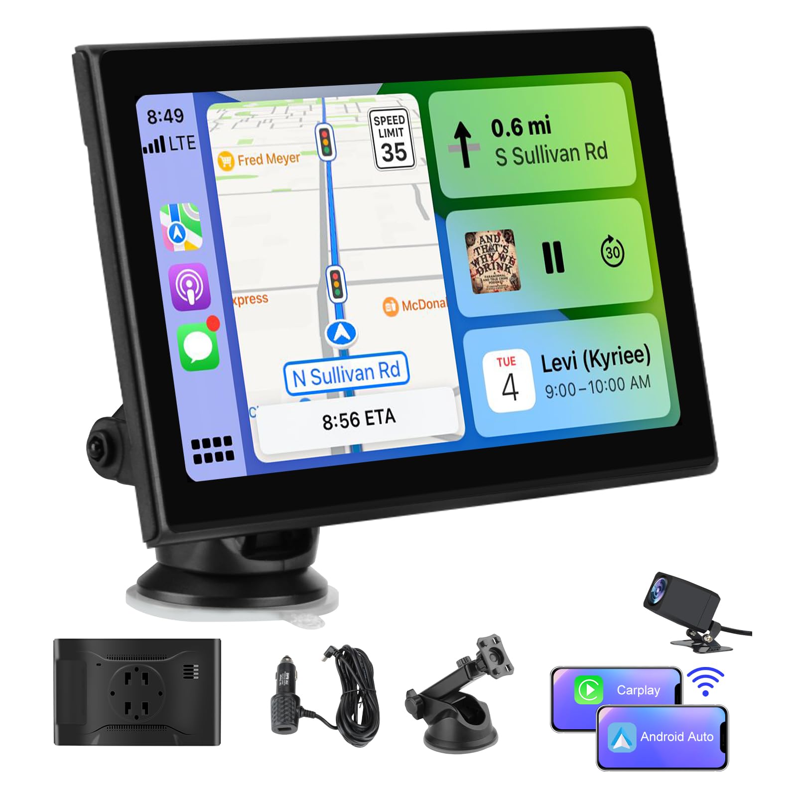 Hexinex 7”Pantalla de Coche CarPlay/Android Auto Inalámbrico/MirrorLink, Reproductor de Pantalla Tactíl Admite Bluetooth/Asistencia de Voz/Google/USB/SD/FM/Sin Instalación/Cámara 6M