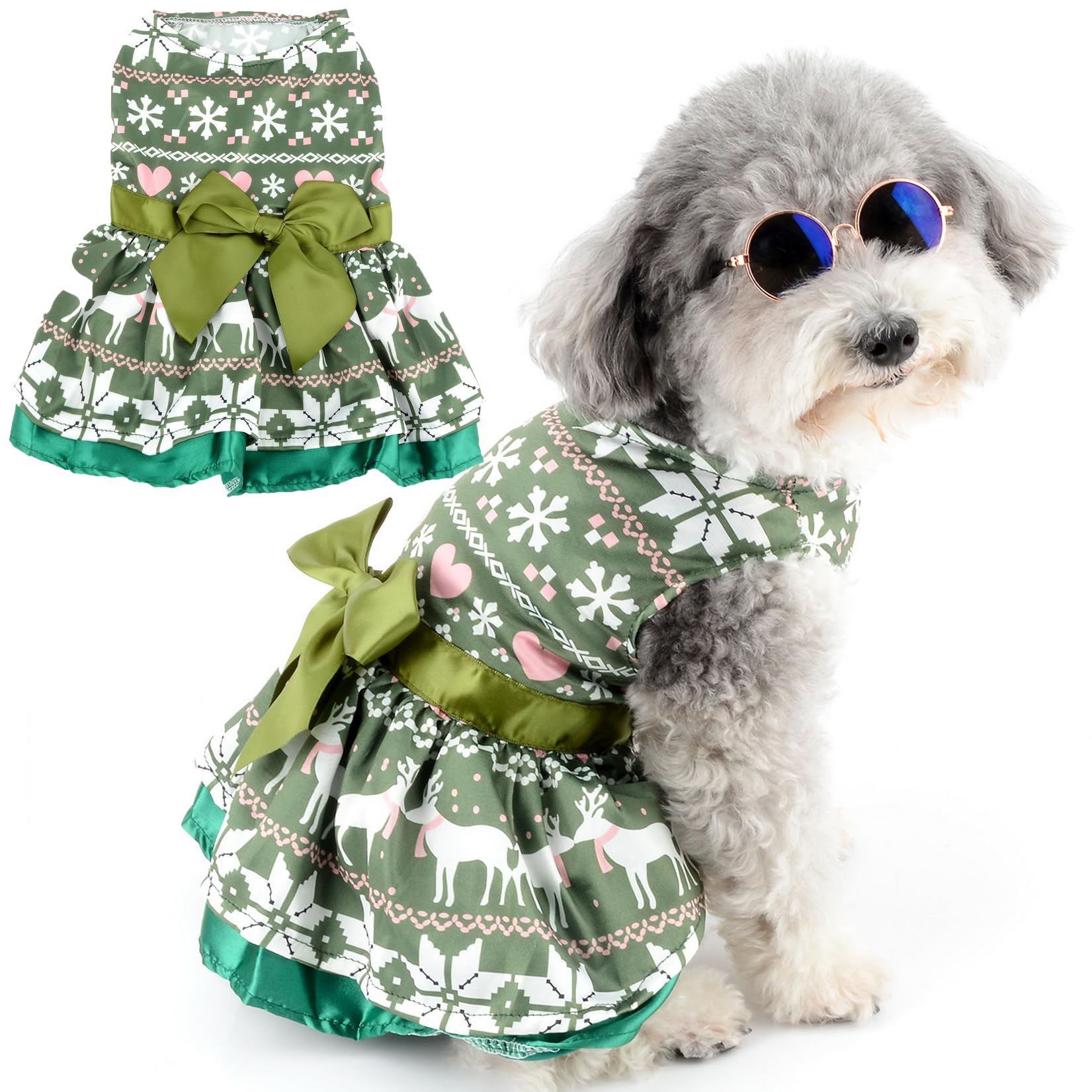Zunea Christmas Dog Dresses for Small Dogs Girl Snowflake Reindeer Pattern Puppy Dress with Bow Knot Christmas Skirt Pet Costumes Female Dog Clothes Outfits for Chihuahua Yorkie Green L