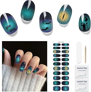Halloween Gel Nail Stickers No UV Light Needed, 22Pcs Gel Nail Strips Set, NailWraps Polish Art DIY for Women, Salon Quality, Includes Prep Pads & Wood Stick (Bat)