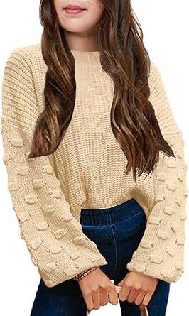 Girls Crewneck Knit Pullover Sweaters Long Lantern Sleeve Oversized Knit Cute Jumper Tops