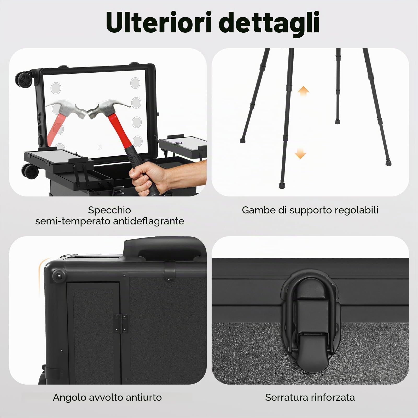 Valigetta per trucchi, professionale, grande, con luce LED e specchio, con chiusura a chiave, con 4 ruote, gamba regolabile per trucchi professionali, parrucchieri (nero), Nero , Viaggi