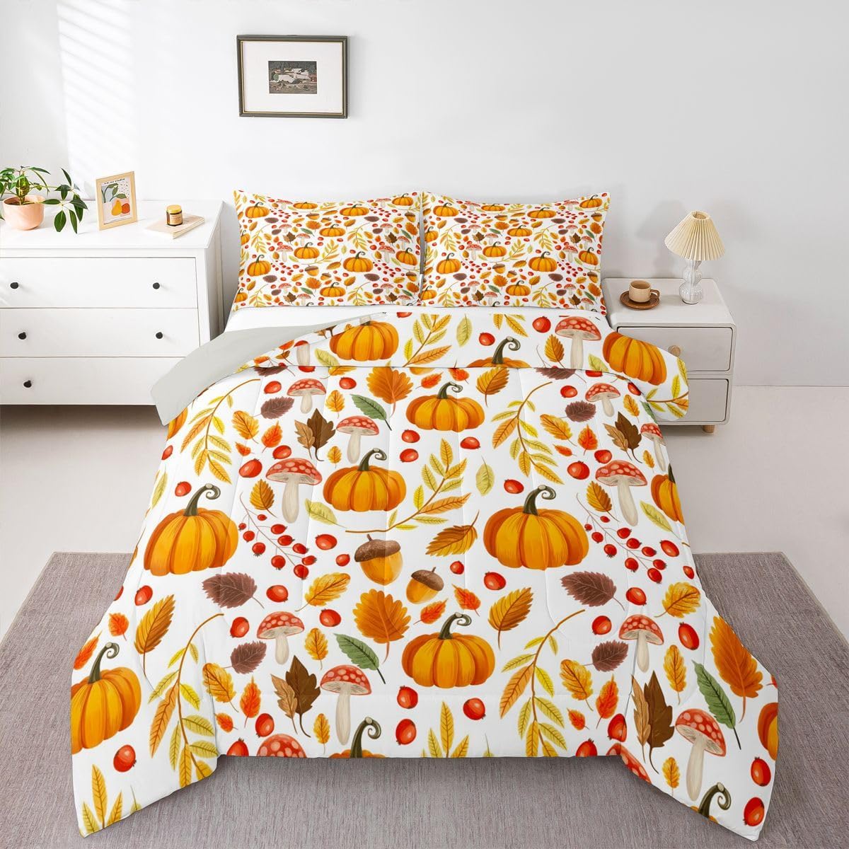 Erosebridal Fall Decor Bedding Farm Maple Leaf Pumpkin Comforter Set King Size Fall Season Bedding Comforter Sets Autumn Harvest Themed Duvet Insert Thanksgiving Day Gifts Quilt
