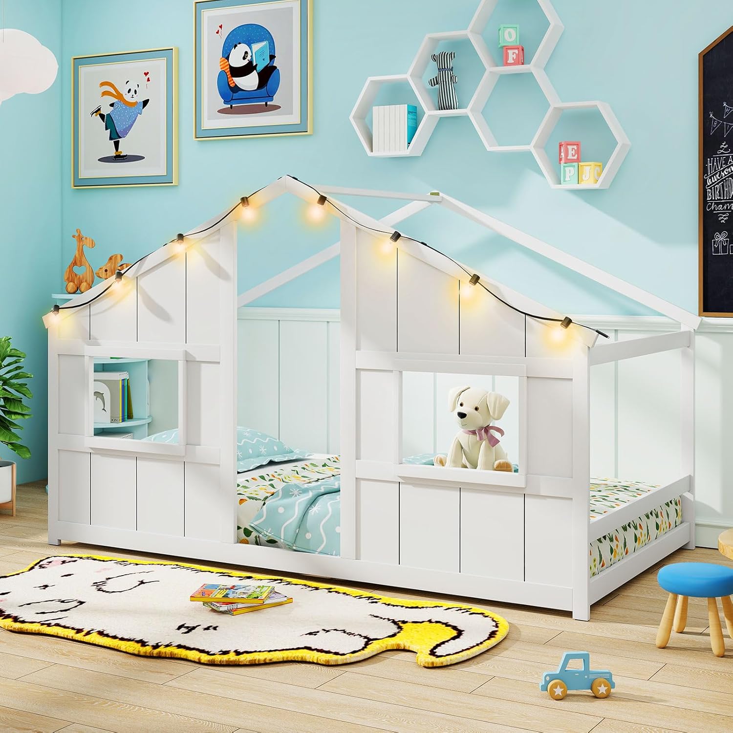 Giantex Twin Kids House Bed with Light Bulbs, Wooden Montessori Floor Bed Frame with Roof & Windows, Twin Floor Bed for Kids Boys Girls, Without Slats (White)