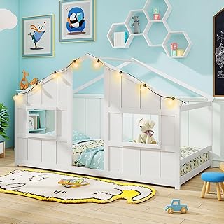 Giantex Twin Kids House Bed with Light Bulbs, Wooden Montessori Floor Bed Frame with Roof & Windows, Twin Floor Bed for Kids Boys Girls, Without Slats (White)