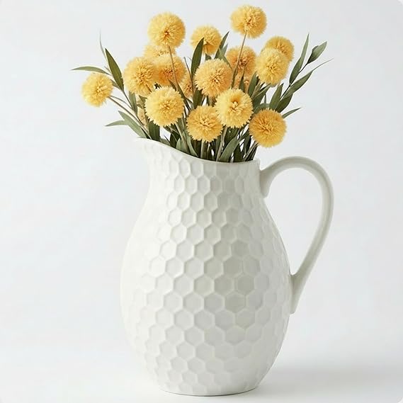 White Ceramic Pitcher Vase with Handle - 7"W x 8"H Farmhouse Vase with Honeycomb Pattern - Decorative Water Pitcher - Ceramic Jug Vases for Decor - Farmhouse Milk Jug Decor - Vintage Vases for Flowers