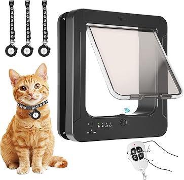 Smart Cat Door for Interior & Exterior, Cat Pet Door with 3 Collar Sensor Keys & 1 Remote Control & 4 Way Locking Cat Flap with RFID Collar Activated Opening SmartPetDoor