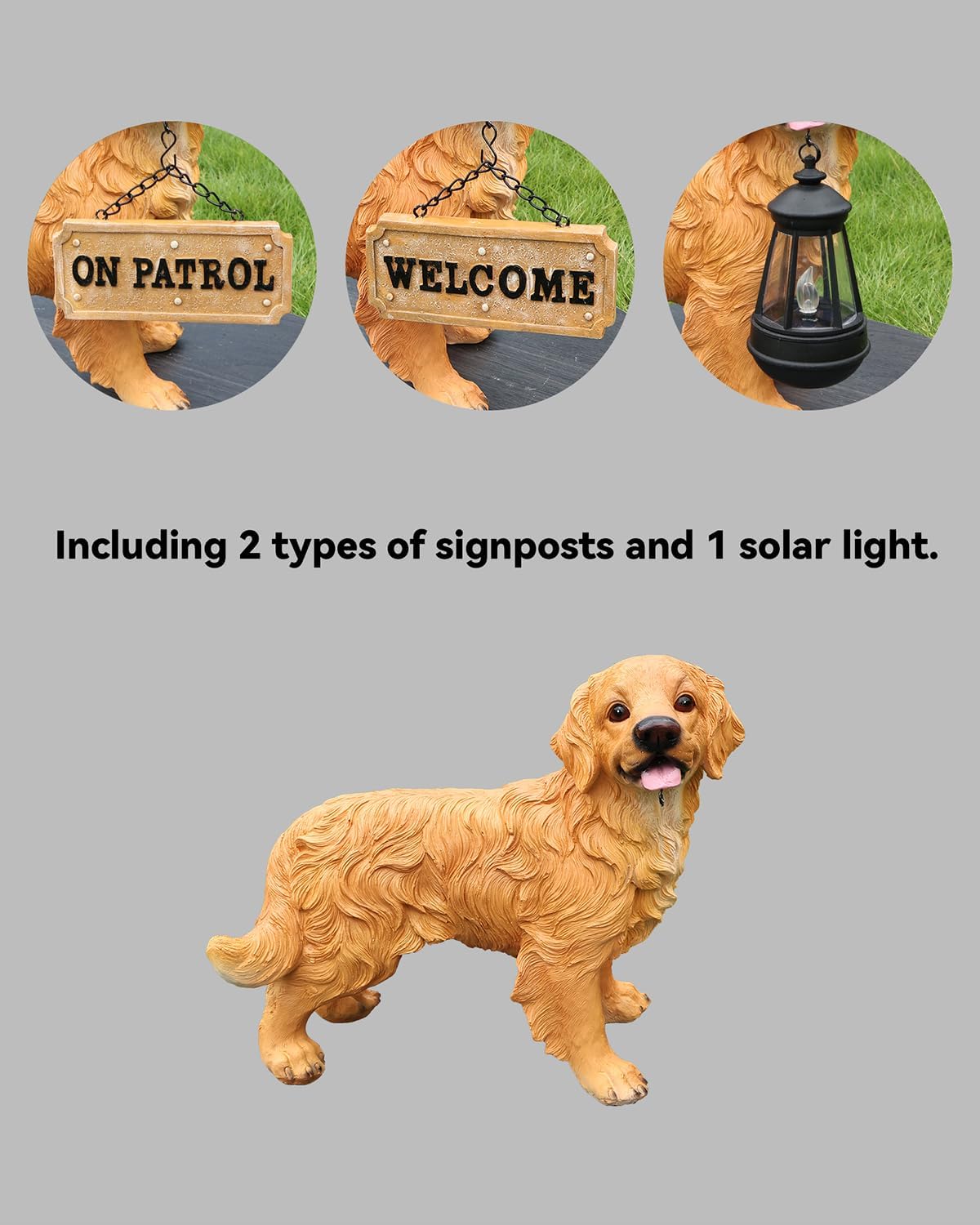Realistic Golden Retriever Dog Garden Statue - 11.4" Standing Animal Sculpture for Front Porch, Patio, Yard Decor - Outdoor Solar Light Figurine with Welcome Sign