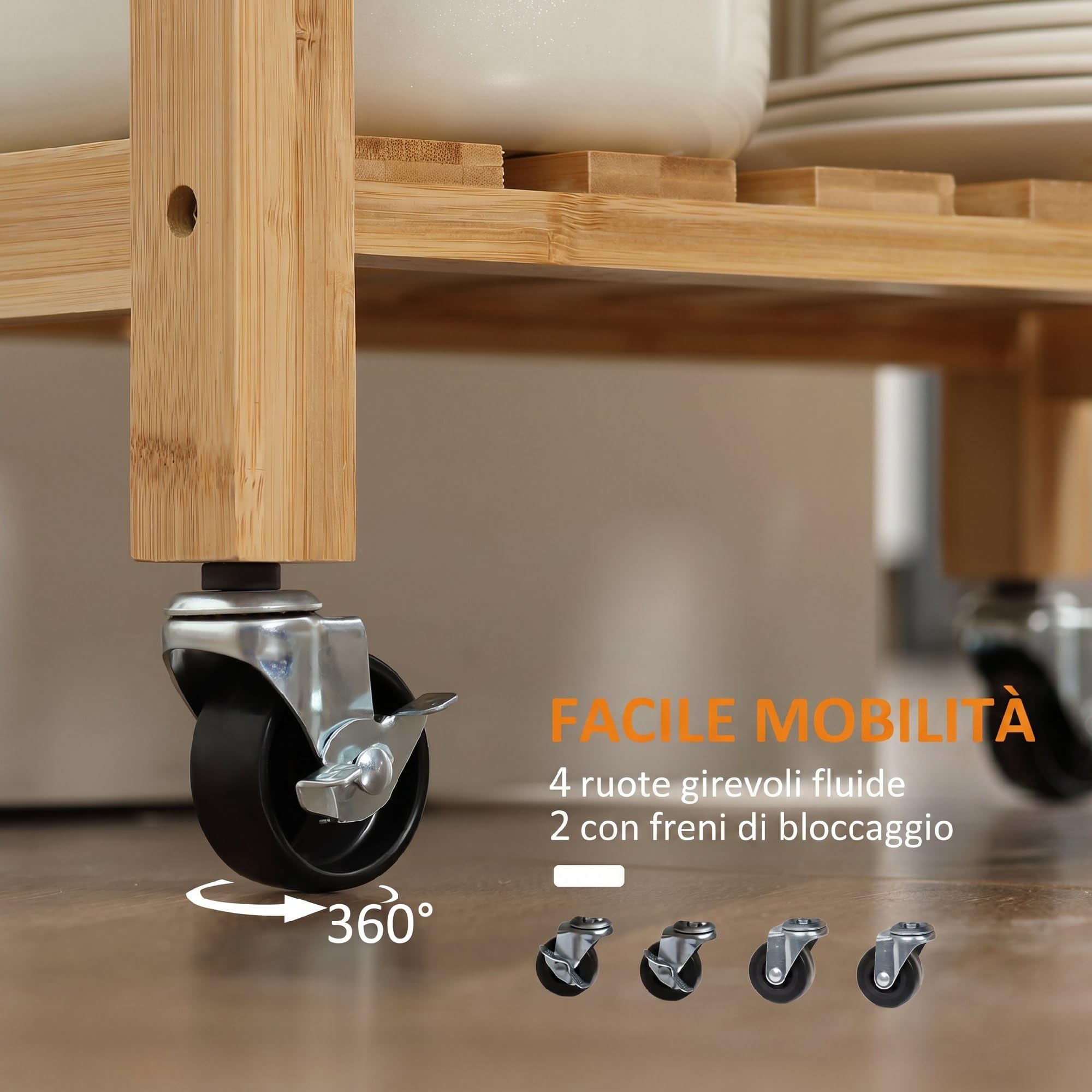 HOMCOM Carrito de cocina de bambú, carro de cocina ahorra espacio con tablero de acero inoxidable, cajón y estantes de láminas, carro frutero y verduras, para salón salón salón natural