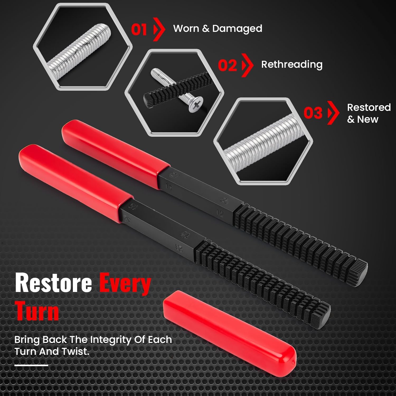 48PCS Thread Chaser Set, Metric SAE Thread Restorer Kit, Thread Repair Kit with 22 Taps 24 Dies 2 Thread Files for Wheel Stud, Spark Plug, Engine, Standard Screw Threading UNC UNF with Case