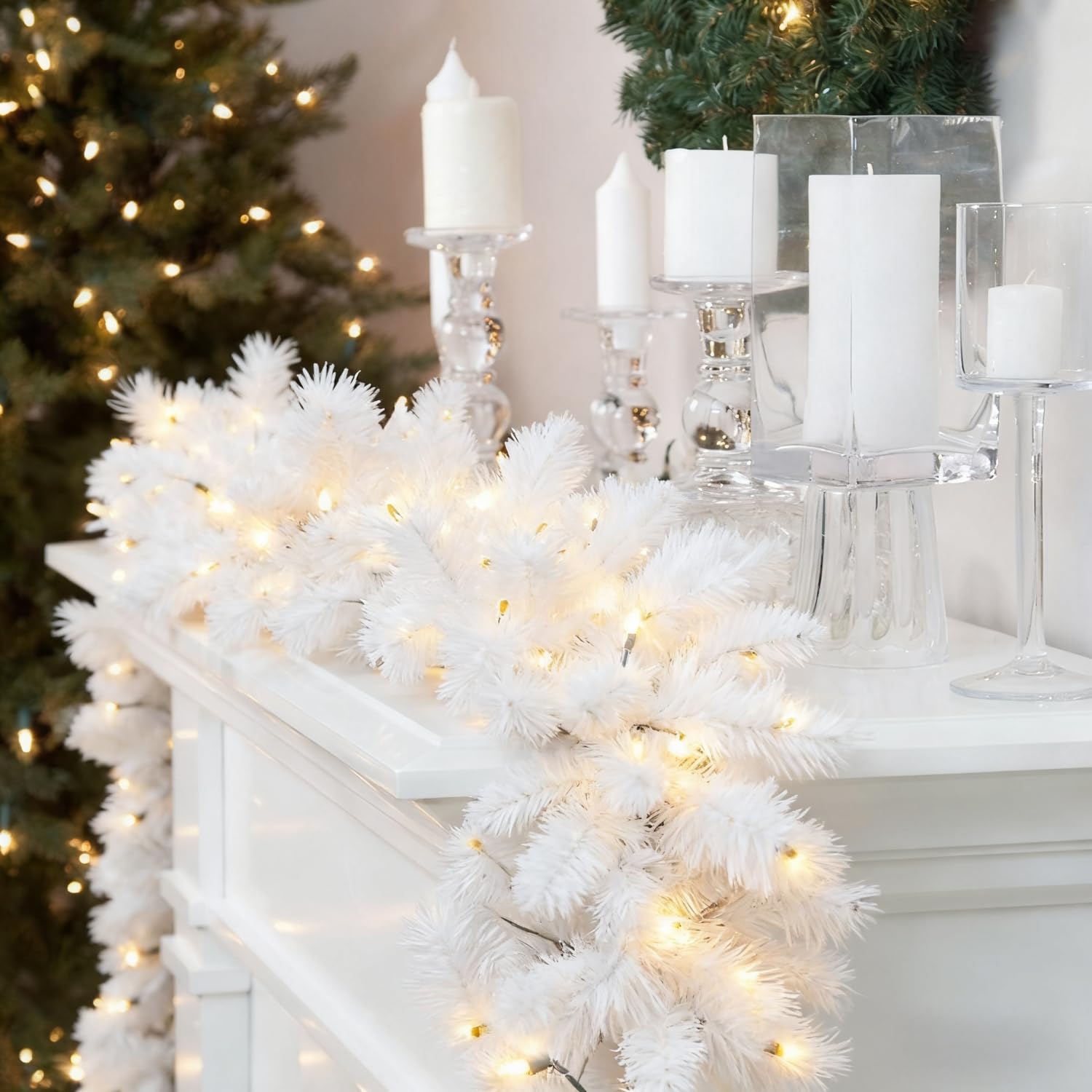 5.5M/ 18Ft Christmas Garland with Lights, 600 Tips White Garland for Fireplace Stairs Artificial Wreath with Warm 100 Leds, 8 Lighting Methods for Xmas Tree Front Door Home Holiday Decor