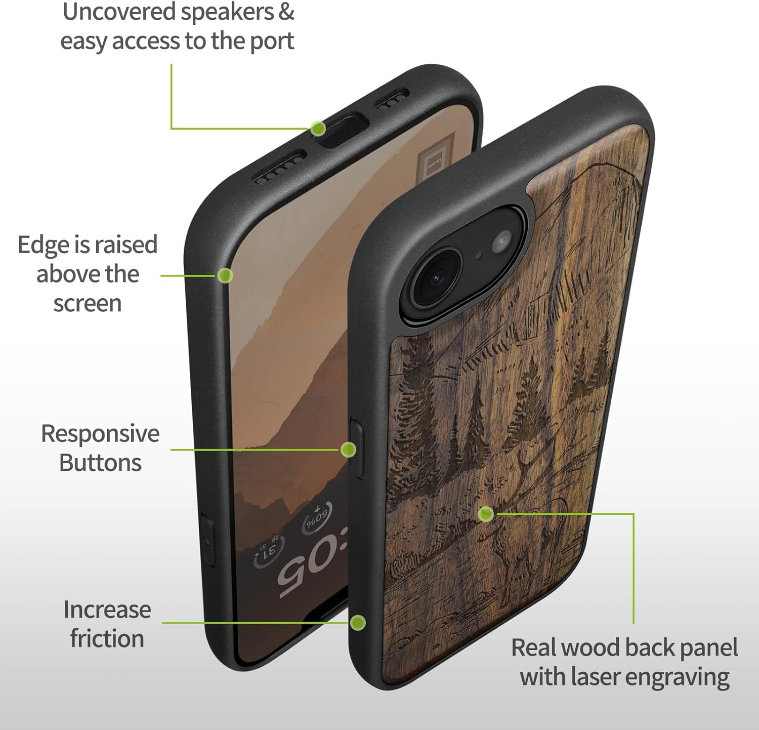 Carveit Magnetic Wooden Case for iPhone 16e / 17e, Solid Wood & Black TPU, Artisan Engraved Design, Shockproof Cover, Compatible with MagSafe Wireless Chargers, Mountains and Deer - Walnut