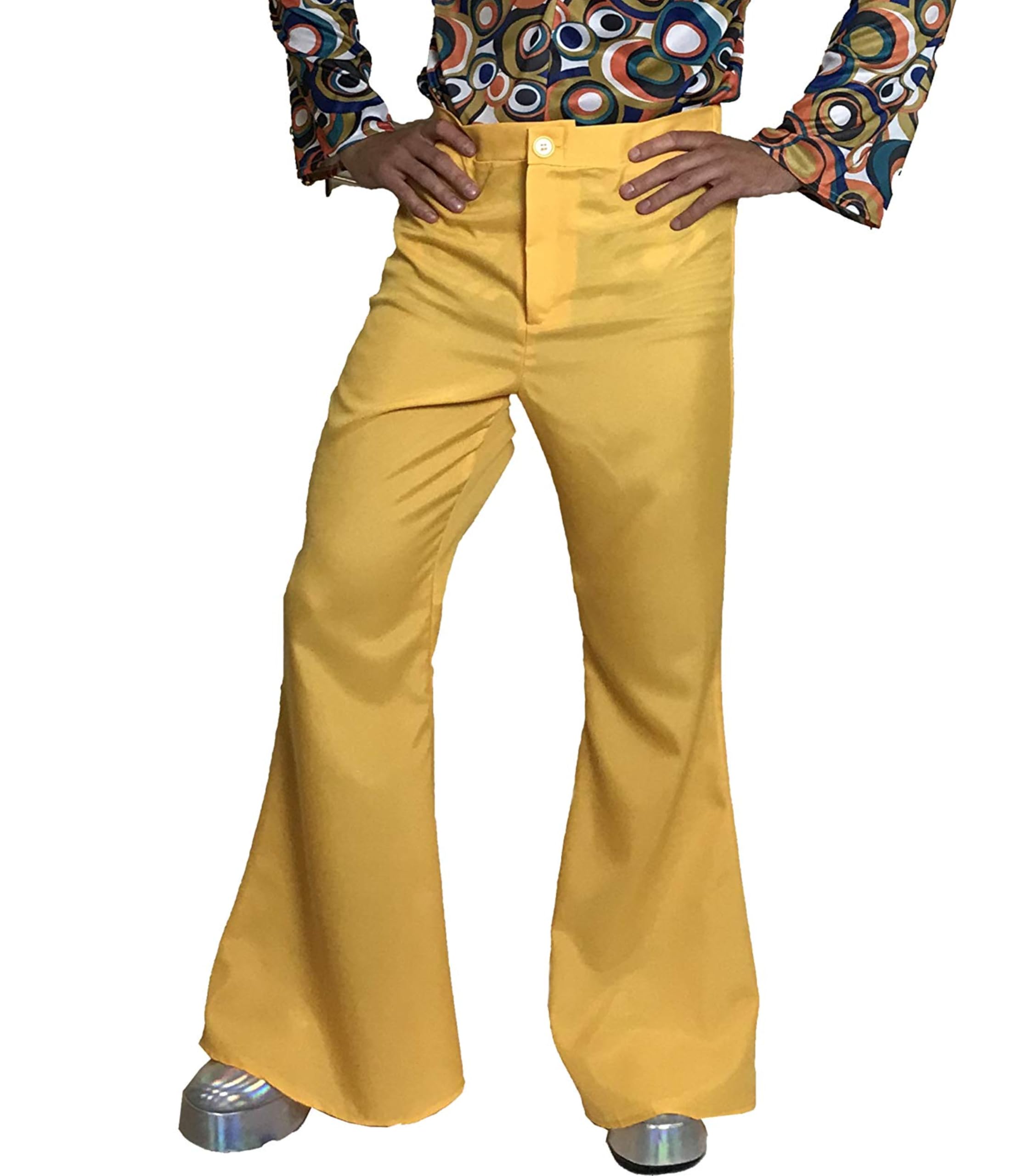 SoWest Men’s 60s 70s Flared Trousers – Retro Disco Fancy Dress Pants for Groovy Theme Parties, Hippie Events & Vintage Dance Nights | Adult Bell Bottom Costume Wear, Yellow - L