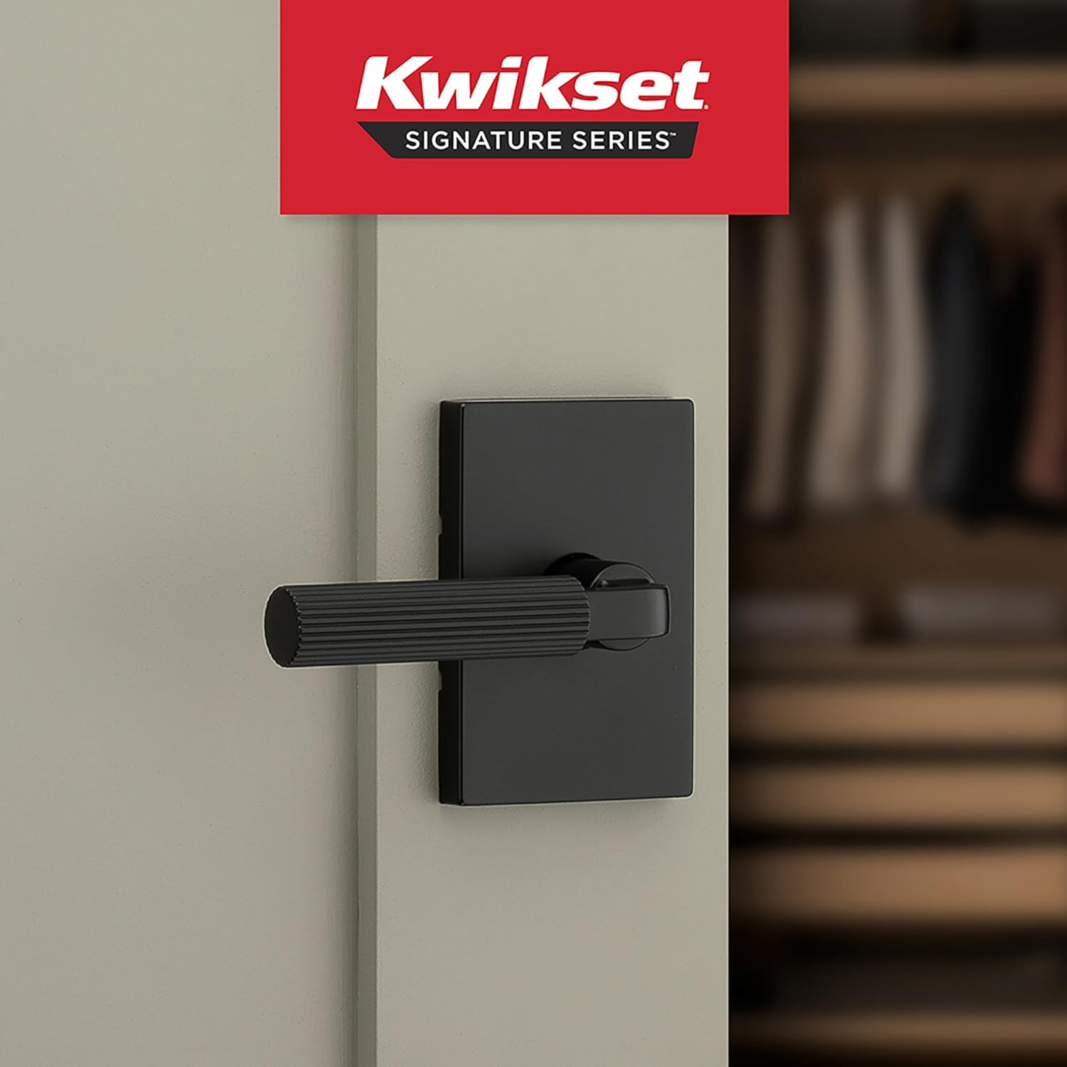 Kwikset Mirada Reeded Interior Passage Door Handle, Lever for Closet and Hallway Doors, Reversible Non-Locking Handle Lever, Matte Black, with Microban Protection