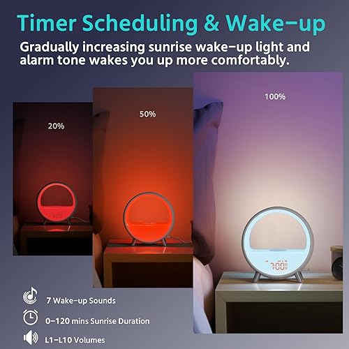 Miniatura 7 de Reloj despertador Sunrise con estación de carga inalámbrica, máquina de sonido con altavoz Bluetooth, 15 máquinas de ruido blanco y lámpara de mesa