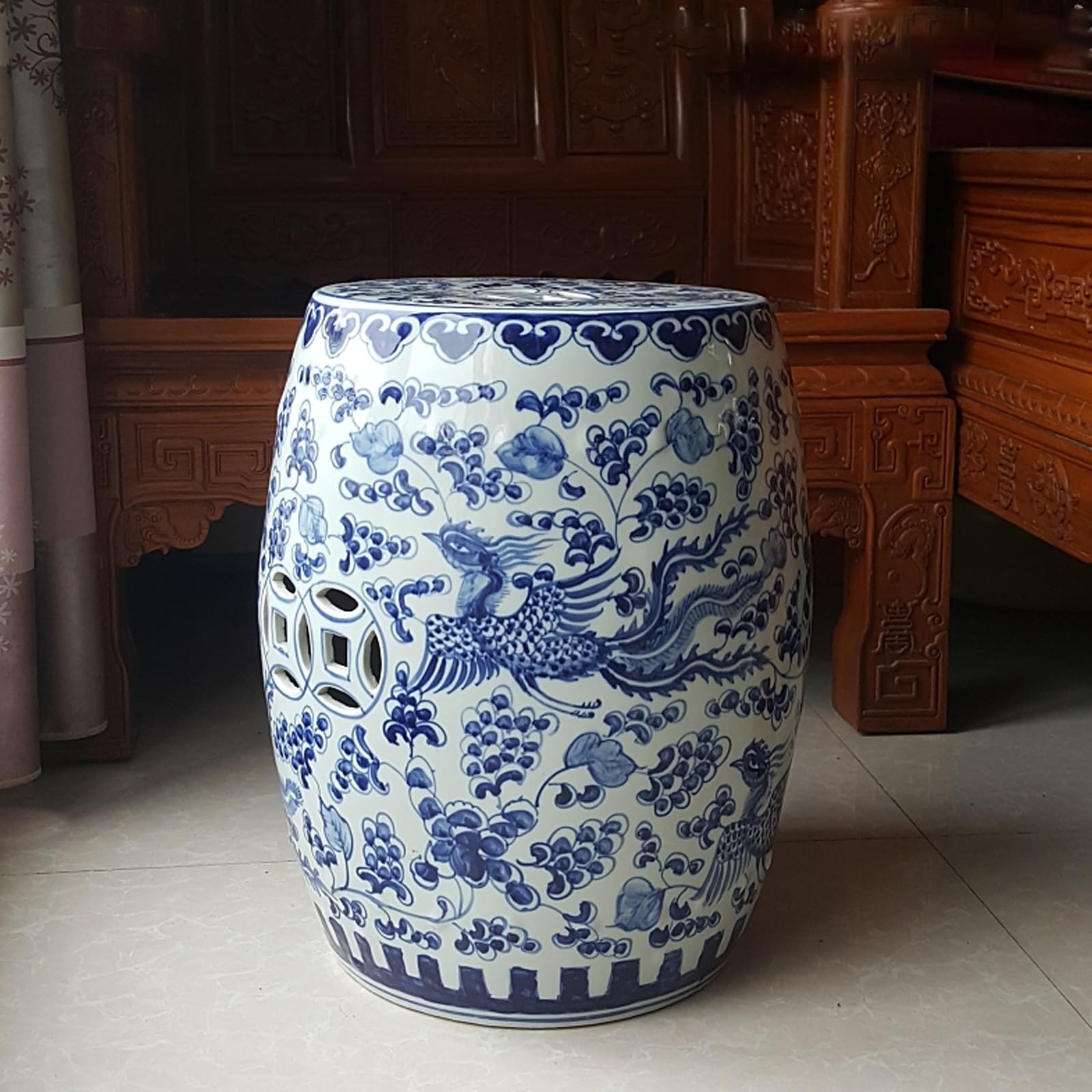 Tabouret de jardin céramique tambour chinois porcelaine bleue blanche extérieur intérieur
