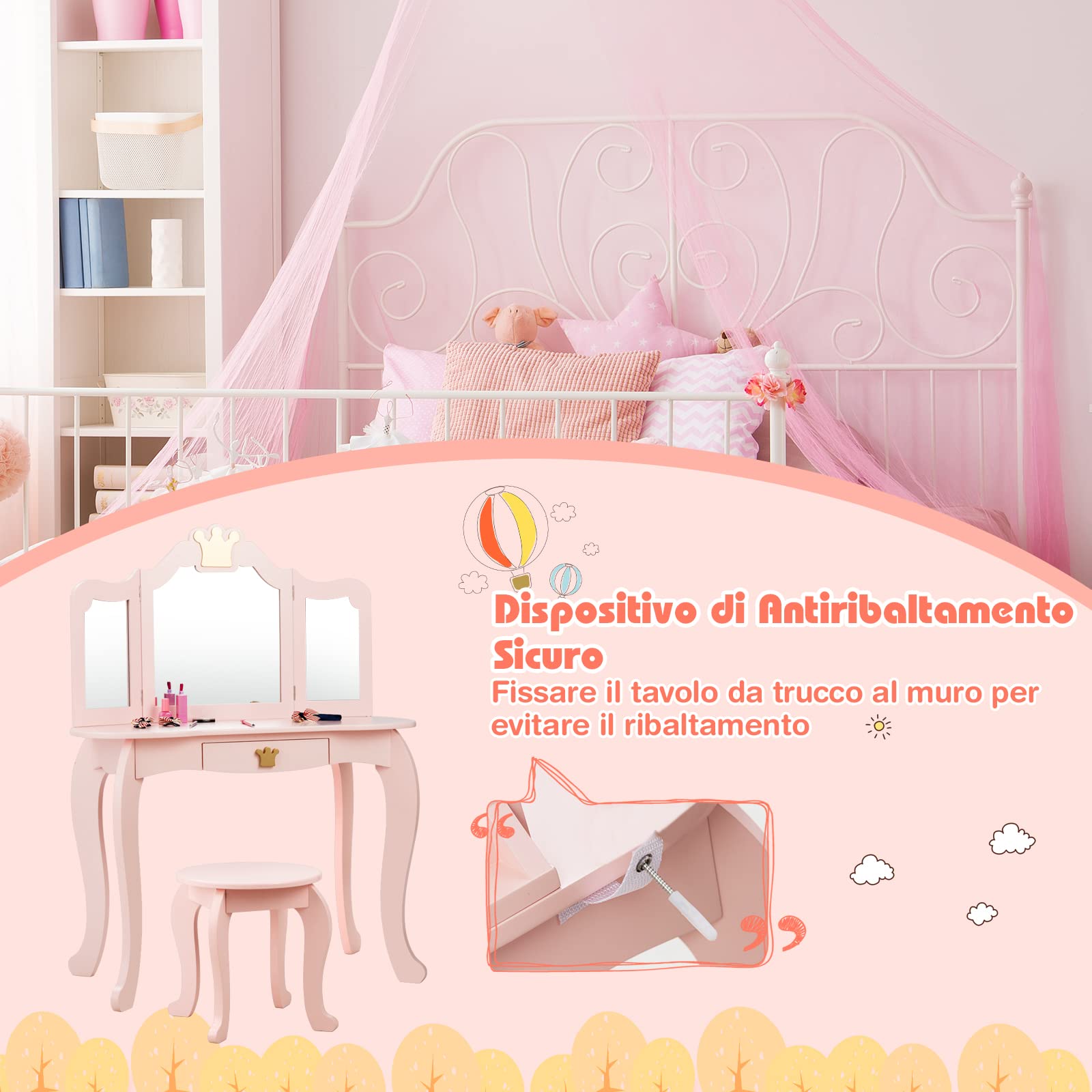 RELAX4LIFE Tavolo Toeletta Trucco per Bambini, Set Mobile 2 in 1 Scrivania con Cassetto e Sgabello, Specchio a 3 Lati Smontabile, Sicurezza Anti Ribaltamento, 79,7 x 42,2 x 106,2 cm (Rosa)