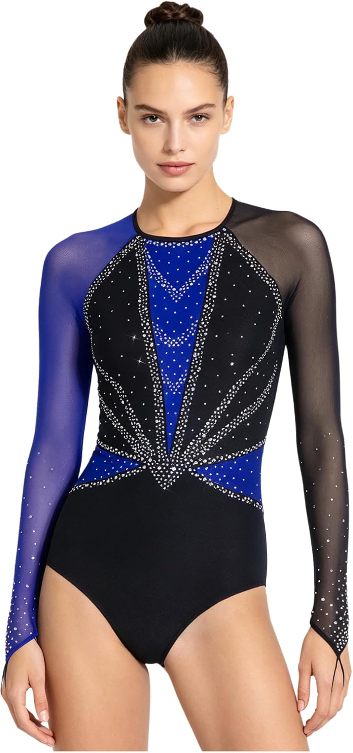 FEESHOW Women Gymnastic Leotard Ballet Leotards Figure Skating Leotard | Color Block, Shiny Rhinestone, One Piece, Mesh Long Sleeve, Keyhole Back, Ballerina Costume, Gymnastics Training