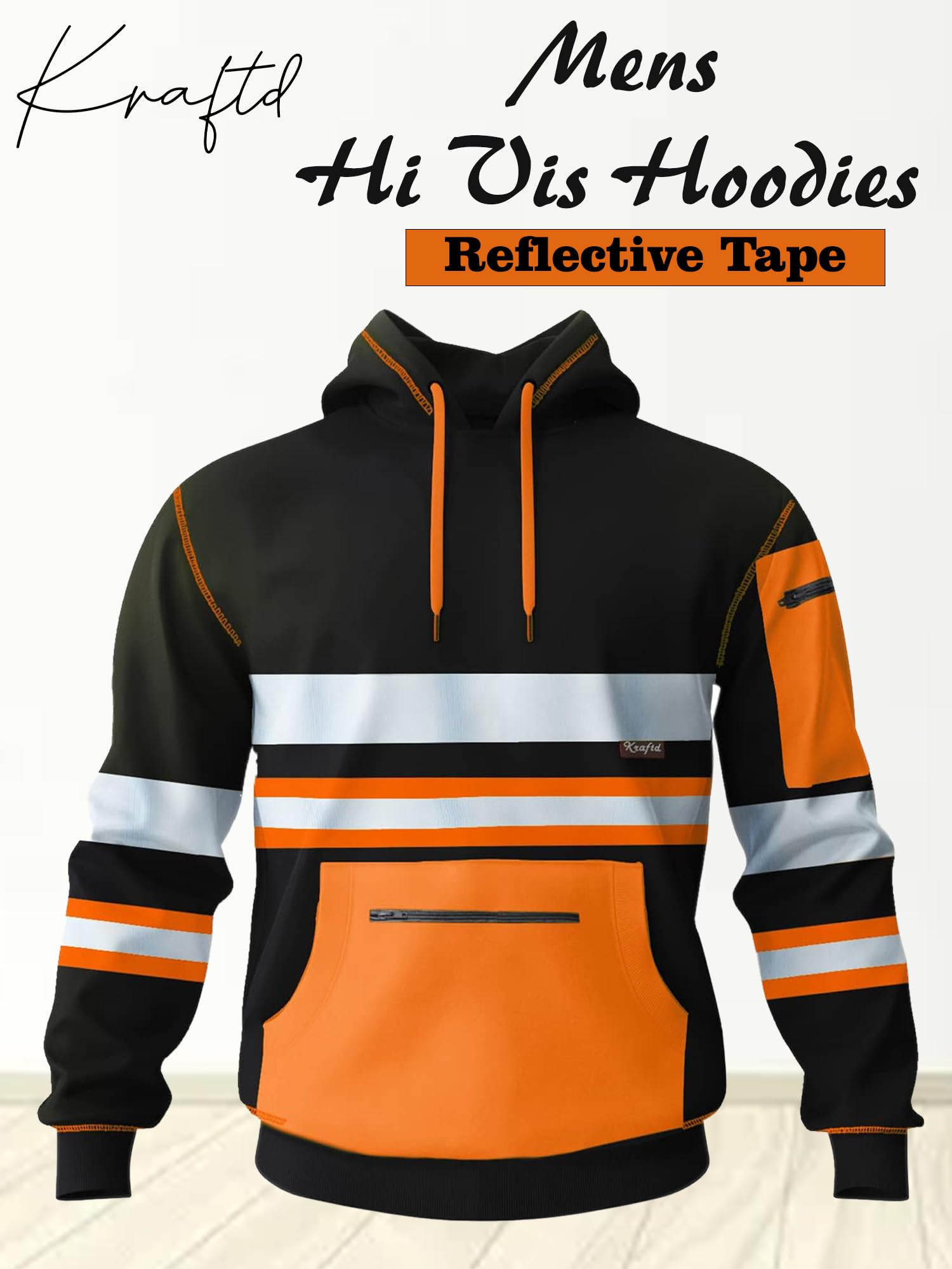 kraftd Mens Hi Vis Hoodie High Viz Hooded Sweatshirt Workwear Hoody With Reflective Tape — view 2