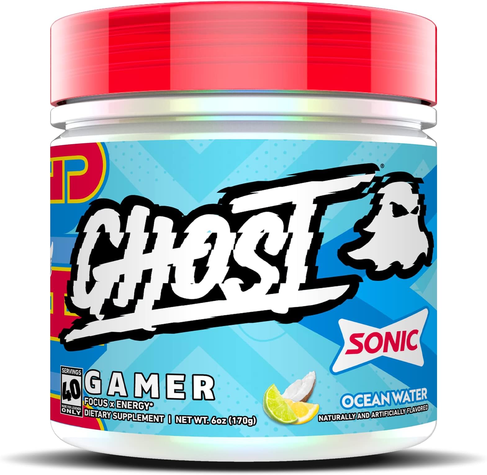 GHOST Gamer: Energy and Focus Support Formula - 40 Servings, Sonic Ocean Water - Brain-Boosting Nootropics & Natural Caffeine for Attention, Accuracy & Reaction Time - Vegan, Gluten-Free
