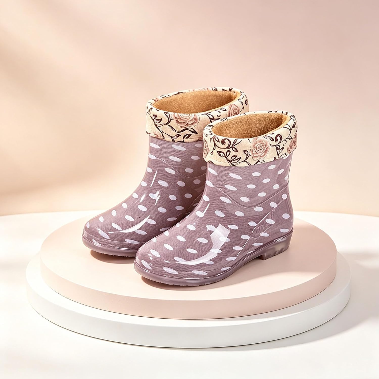 Womens Polka Dot Mid Calf Rain Boots Waterproof Floral Cuff Lined Casual Pull On Rain Footwear
