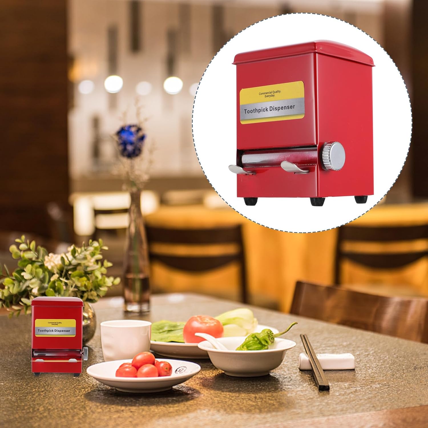 Retro Stainless Steel Toothpick Holder Automatic Vending Machine Style Toothpick Container Household Kitchen with Mechanical Twist Red