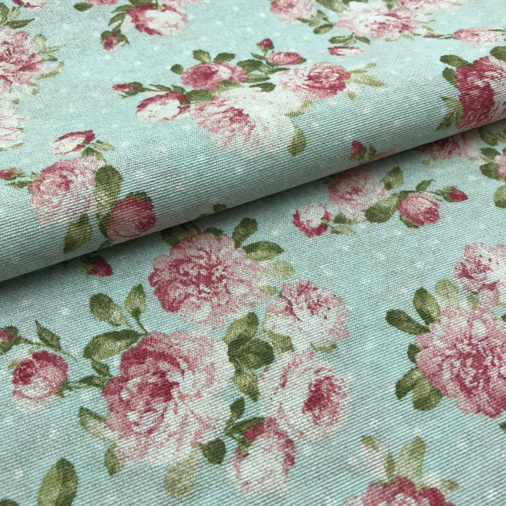 Kt KILOtela - Tela Loneta Estampada, Decoración, Tapizar, Cojines, Cortinas, Bolsos, Manteles, Costura Creativa, 100 cm Largo x 280 cm Ancho, Flores Sevilla, Rosa, Azul ─ 1 Metro — view 2