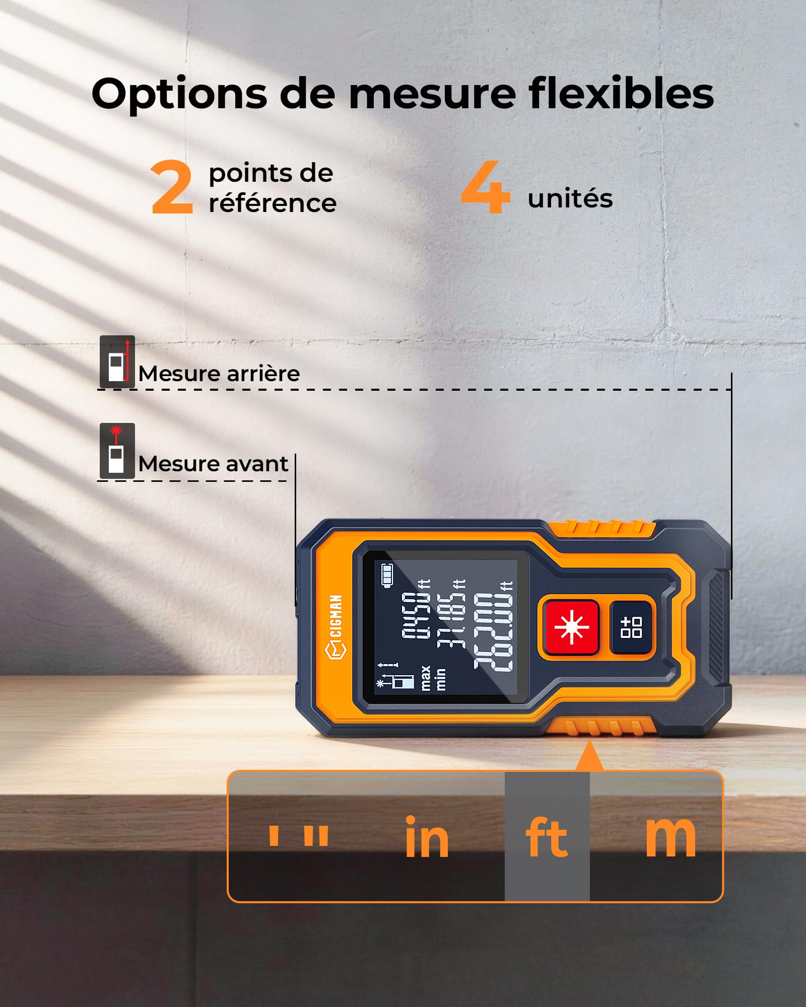CIGMAN Télémètre Laser 80 m, mètre Laser Compact Rechargeable USB-C 300 mAh, Outil de Laser Mesure pour Longueur, Surface, Volume et Pythagore, référence Avant/arrière